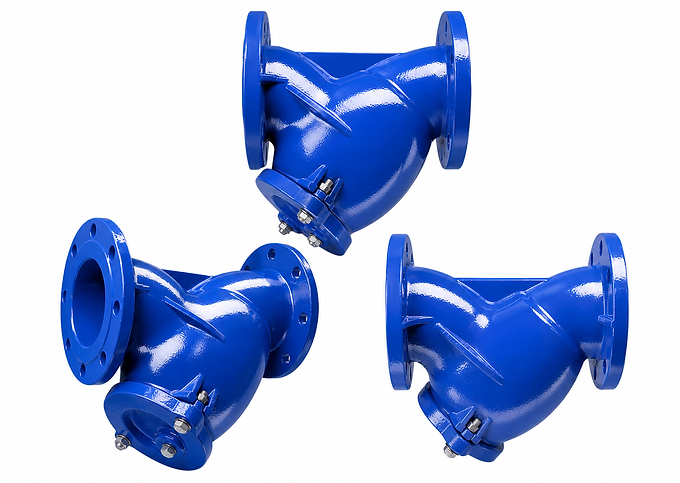 Assorted blue cast iron Y strainers, used to filter debris and protect downstream valves and equipment.