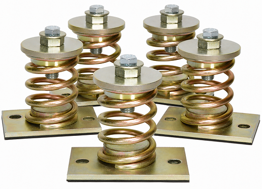Open spring mounts with exposed gold coil springs on base plates, used to isolate vibration under mechanical equipment.