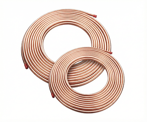 Two copper tubing coils stacked together, used for refrigerant transport in air conditioning and refrigeration systems.