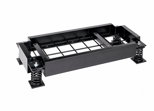 A black steel bolted inertia base frame, used to support and stabilize mechanical equipment and reduce vibration.