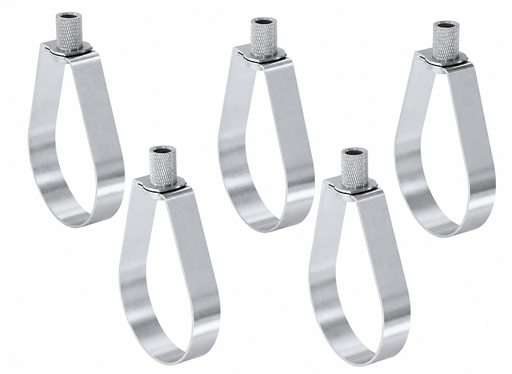 Assorted metal sprinkler hangers, used to suspend sprinkler pipework in firefighting systems.