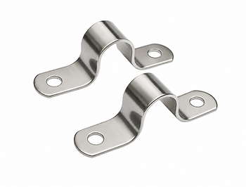 Stainless steel saddle clips with mounting holes, used to secure pipes to flat surfaces.