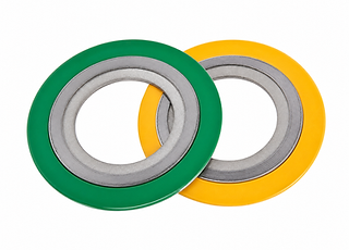 Spiral wound gaskets with green and yellow outer rings, used for sealing flanged joints under varying pressure and temperature.