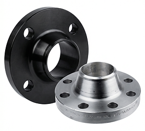 A dark steel weld neck flange used for high-pressure and high-temperature piping systems.