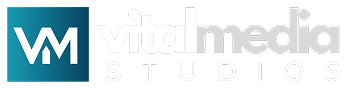 Vital Media Studios logo with stylized white 'VM' in teal square and bold light 'VITAL MEDIA STUDIOS' text
