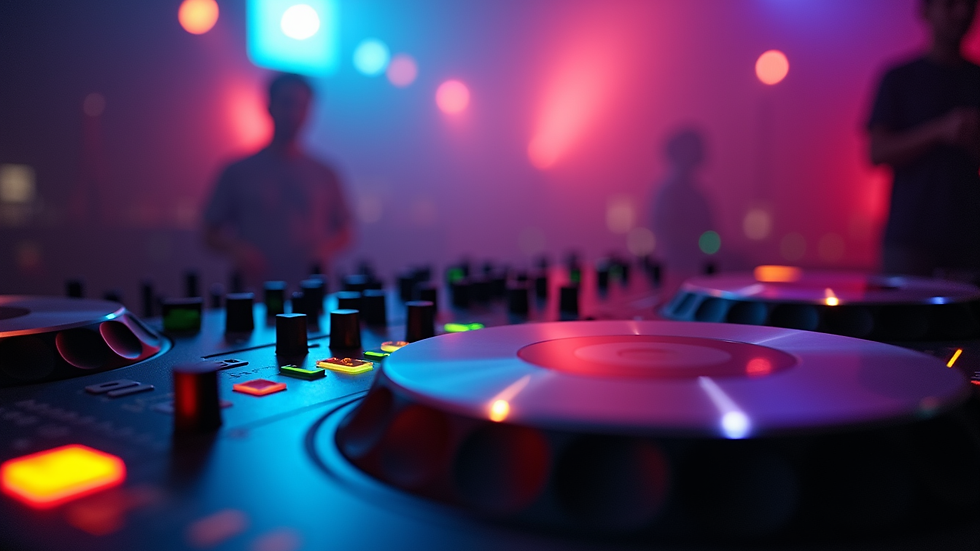Close-up view of a DJ setup with colorful lights