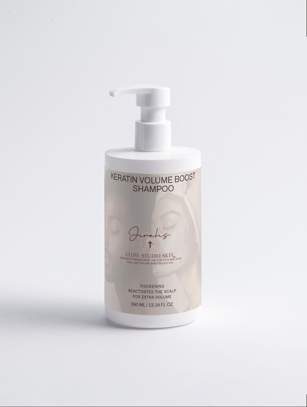Jireh’s Glow Studio Keratin Volume Boost Shampoo with rosemary oil, caffeine, and hydrolyzed keratin for fuller hair