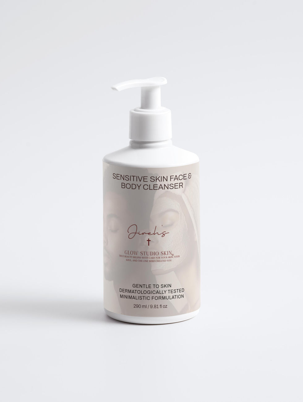 Bottle of Jireh’s Glow Studio Skin Sensitive Skin Face & Body Cleanser on a minimalist background, designed for gentle cleans
