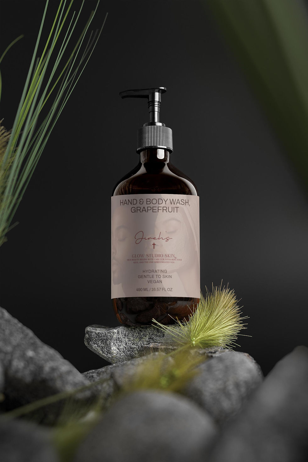 Vegan-friendly grapefruit body wash in amber packaging, cleanses without drying and leaves skin delicately fragranced.