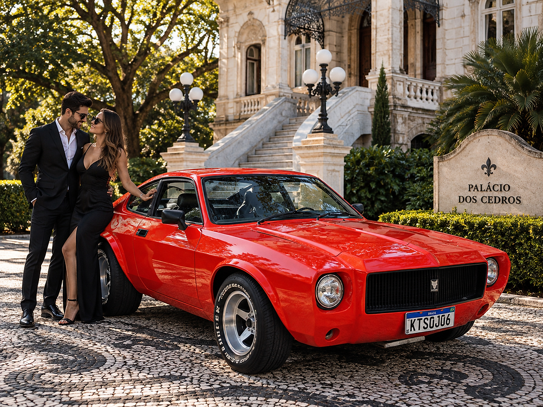 Casal com Puma GTB S1 em ensaio pré-wedding