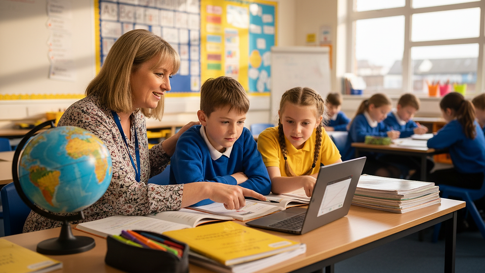 Eye-level view of a classroom desk with educational materials and a laptop