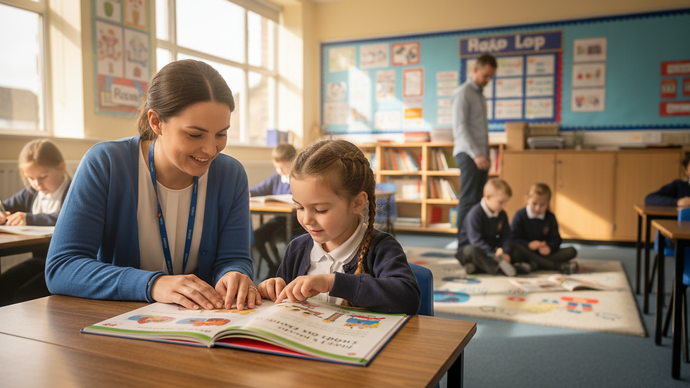 Eye-level view of a classroom with a teaching assistant helping a child with reading