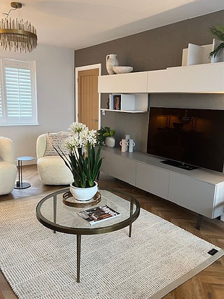 Decoration - walls painted in Dulux Heritage Chalk White and behind TV linen wallpaper