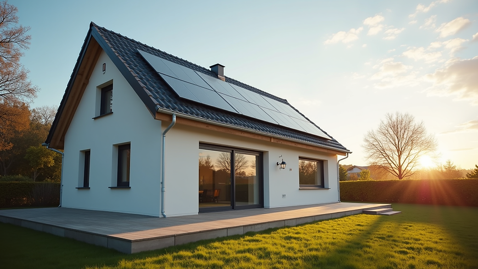 Wide angle view of a modern home with solar panels