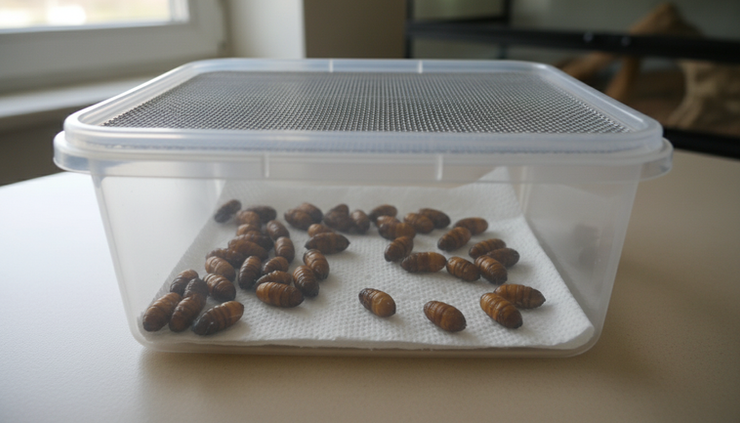 Eye-level view of a small hatching tub with casters on paper towel