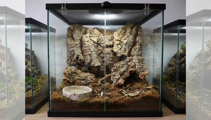 Wide-angle view of a prepared tall terrarium with cork bark, leaf litter, and a small water dish.