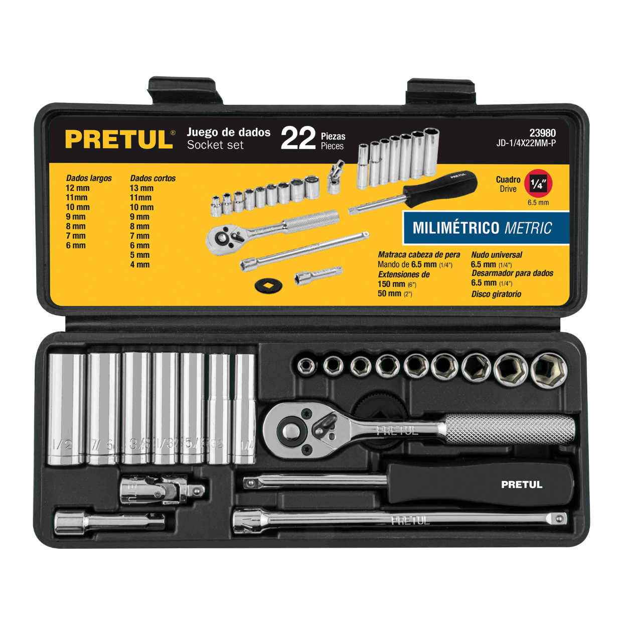 UEGO DE DADOS CON RATCHET 1/4" DE 22 PIEZAS PRETUL