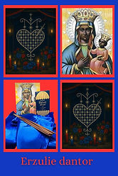 A vibrant collage dedicated to Erzulie Dantor, a fierce and protective Voodoo Lwa. The image features her vevé—a heart pierce