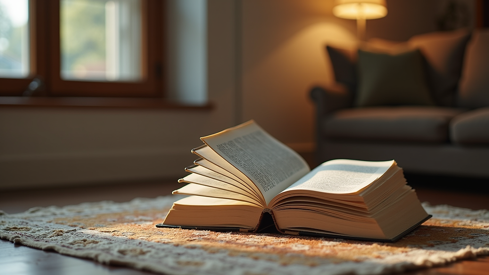 Eye-level view of a cozy reading nook with a stack of self-help books