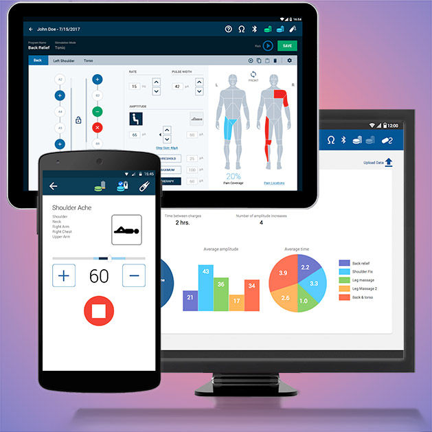 Medical device control screens on a computer monitor, a tablet and a phone.