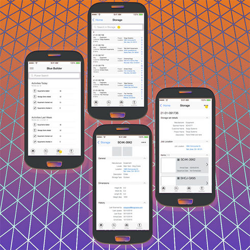 Four phones displaying wireframes over a weird background.