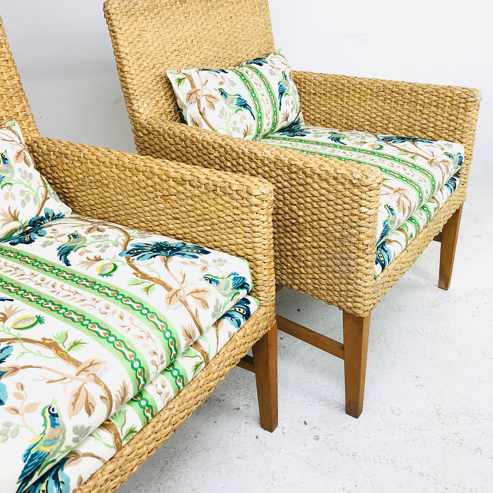 Thumbnail: #4894 Pair of Rattan Woven Armchairs w/ Colorful Cushions