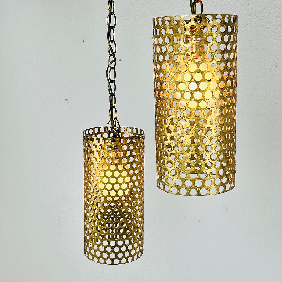 Thumbnail: #1539 Pair of Pierced Brass Pendant Lights by Gino Sarfatti for Raymor