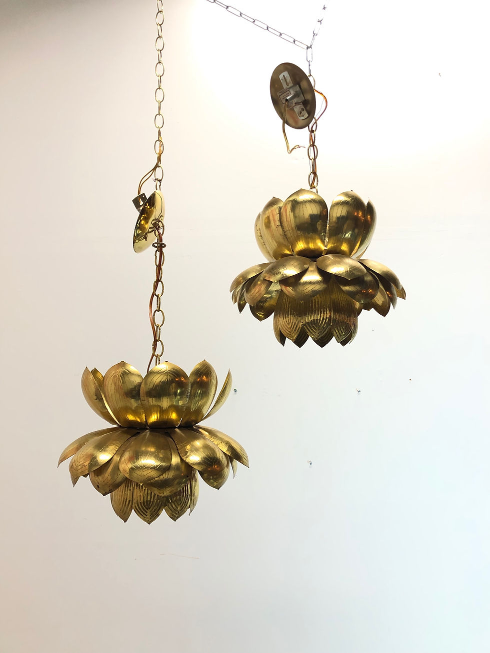 Thumbnail: #1569 Pair of Brass Large Lotus Pendants