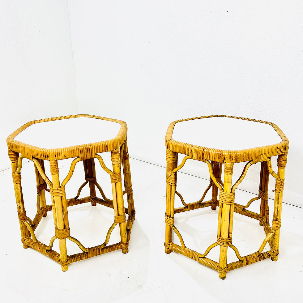 Thumbnail: #1669 Pair of Hexagonal Laminate Top Rattan Side Tables