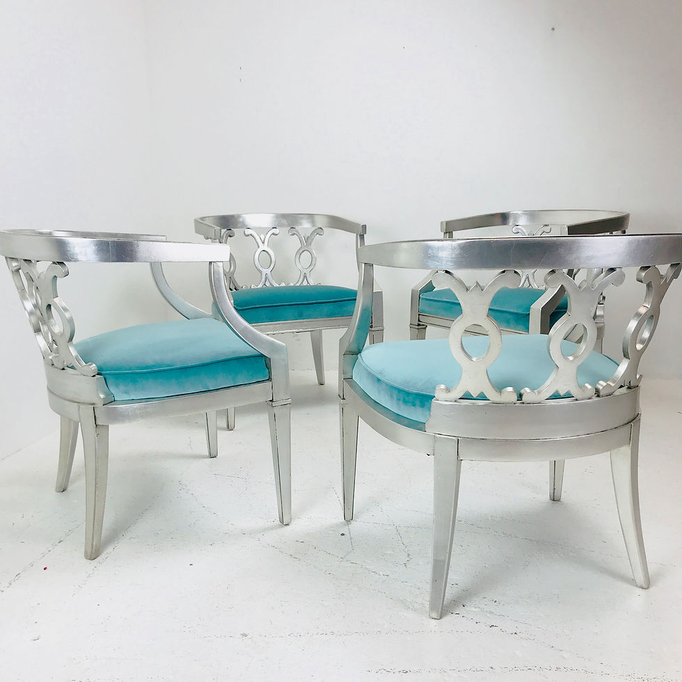 Thumbnail: #3815 Pr Silver Leaf Barrel Back Chairs with Turquoise Velvet (2 Sets Available)