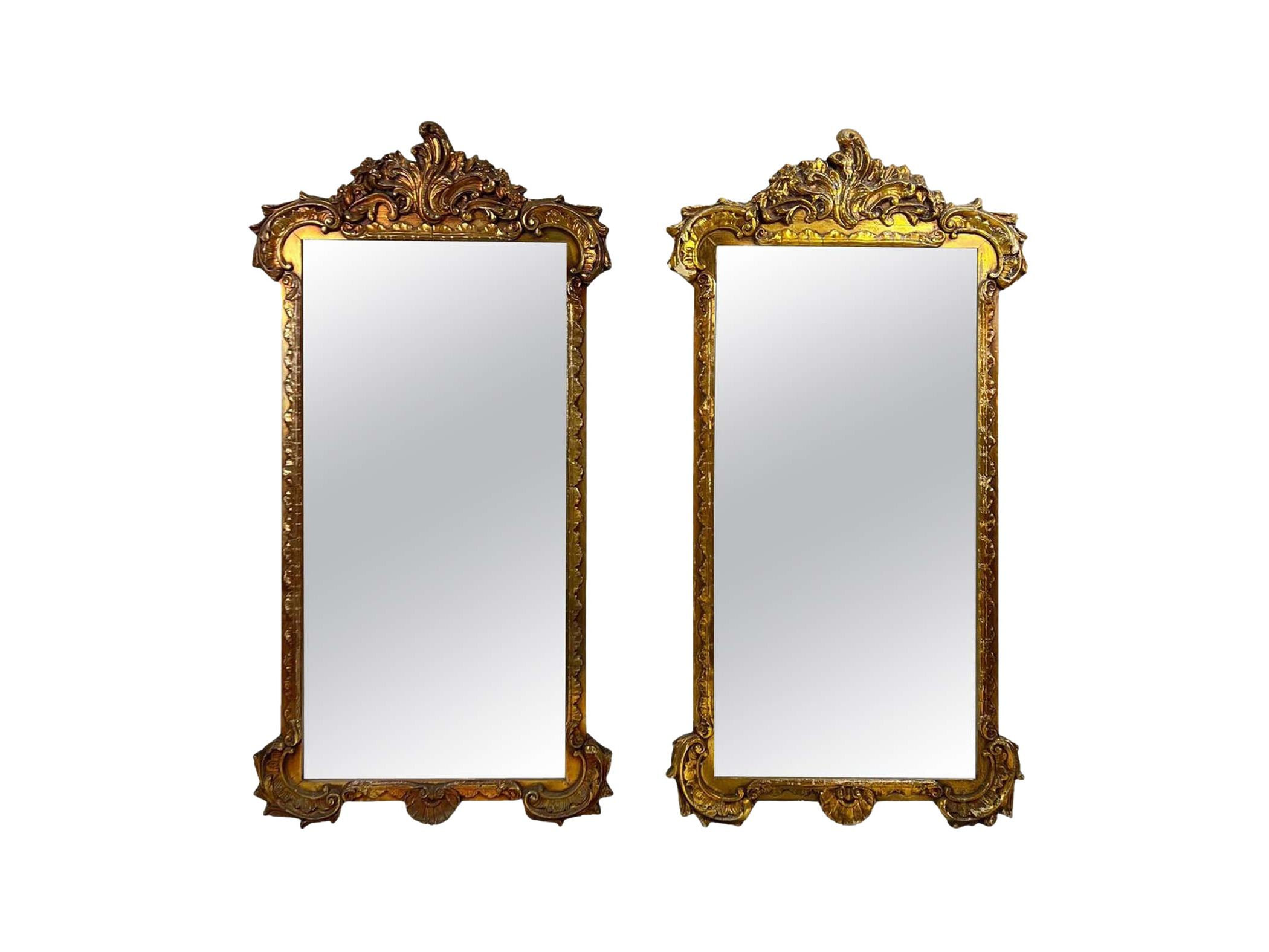 #1661 Pair of Carved Antique Gold Wood Framed Mirrors