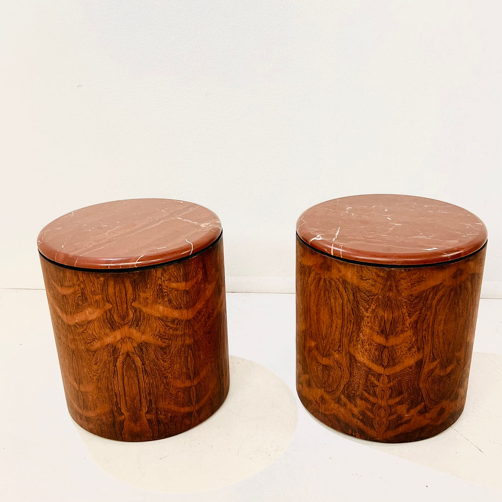Thumbnail: #1914 Pair of Vintage Marble Top Burl Wood Drum Side Tables