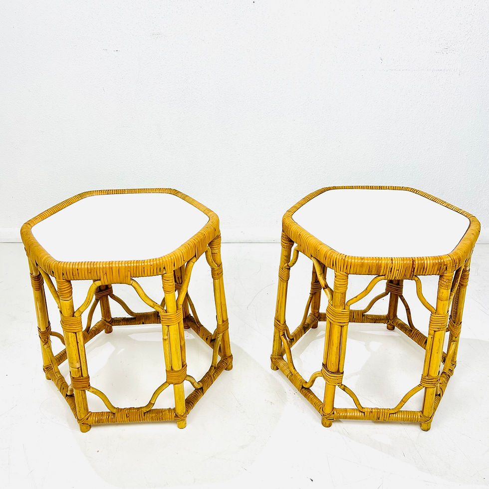 Thumbnail: #1669 Pair of Hexagonal Laminate Top Rattan Side Tables