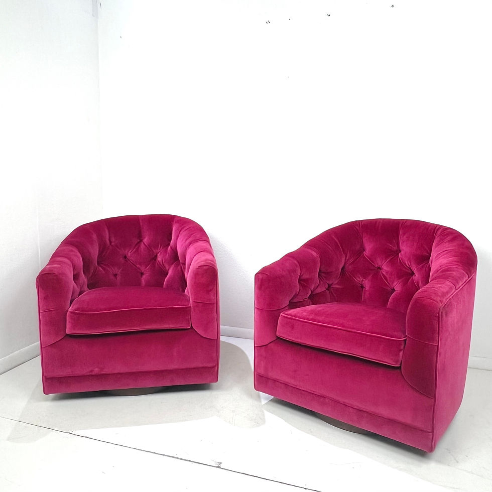 Thumbnail: #1934 Pair of Pink Velvet Tufted Plinth Base Swivel Chairs
