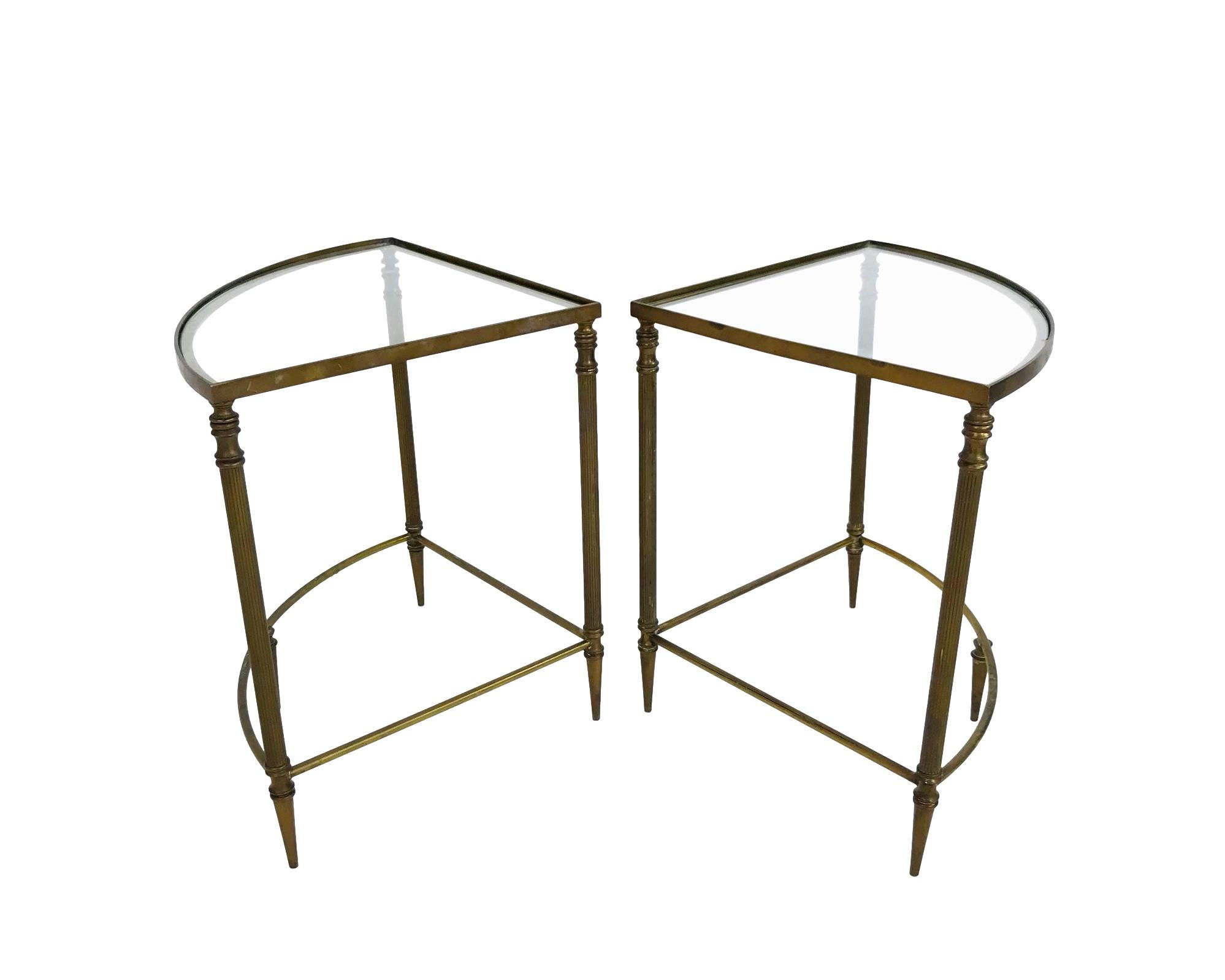 #5693 Pair of Quarter Circle Brass & Glass Tables