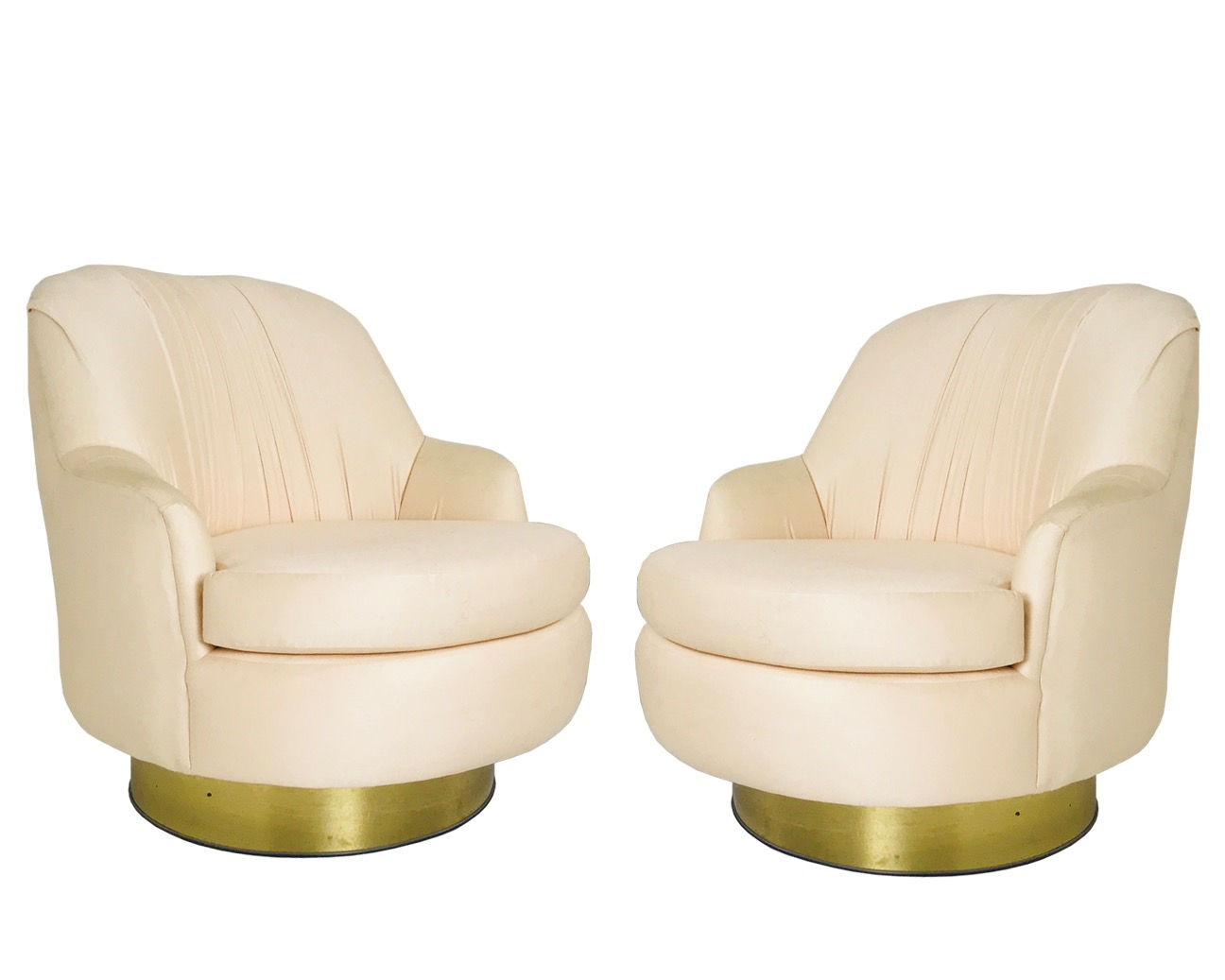 #3661 Pair Peach Milo Baughman Swivel Chairs with Brass Plinth Bases