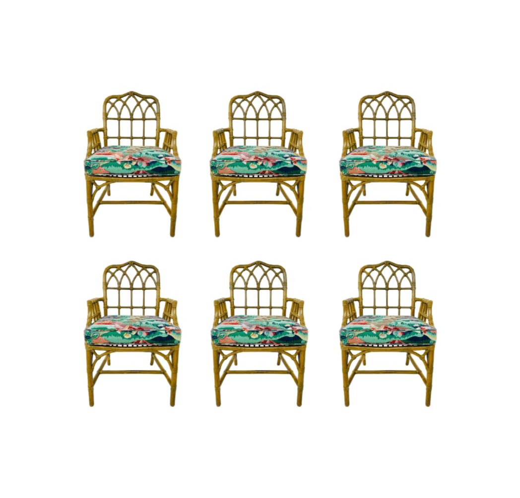 #1434 Set of 6 McGuire Rattan Cathedral Dining Chairs