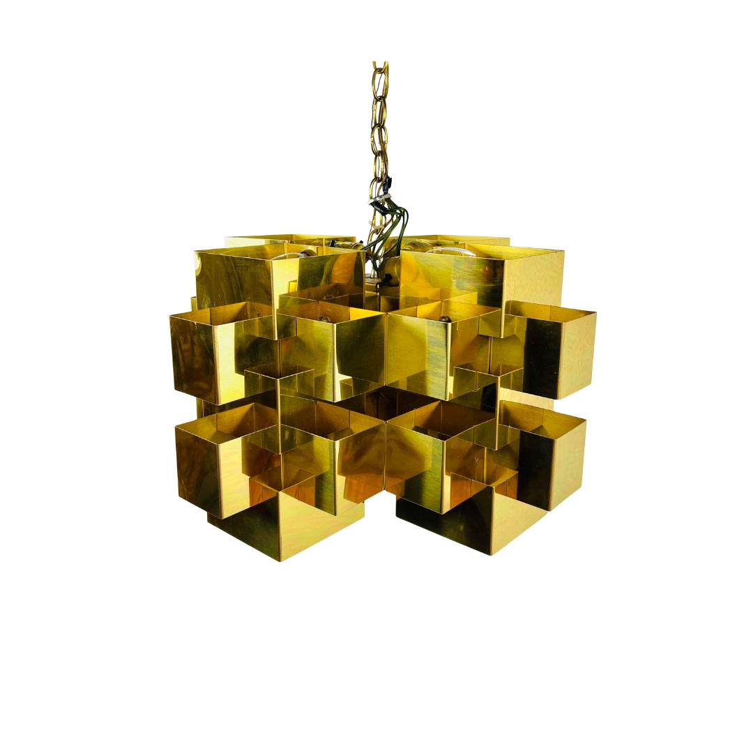 #1739 Curtis Jeré Brass Cubist Chandelier, Signed (2 Available)