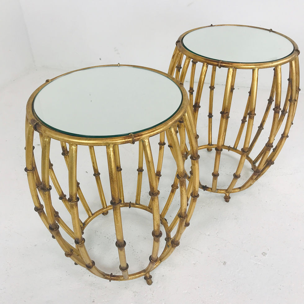 Thumbnail: #4709 Pair of Brass Faux Bamboo Drum Side Tables with Mirrored Tops