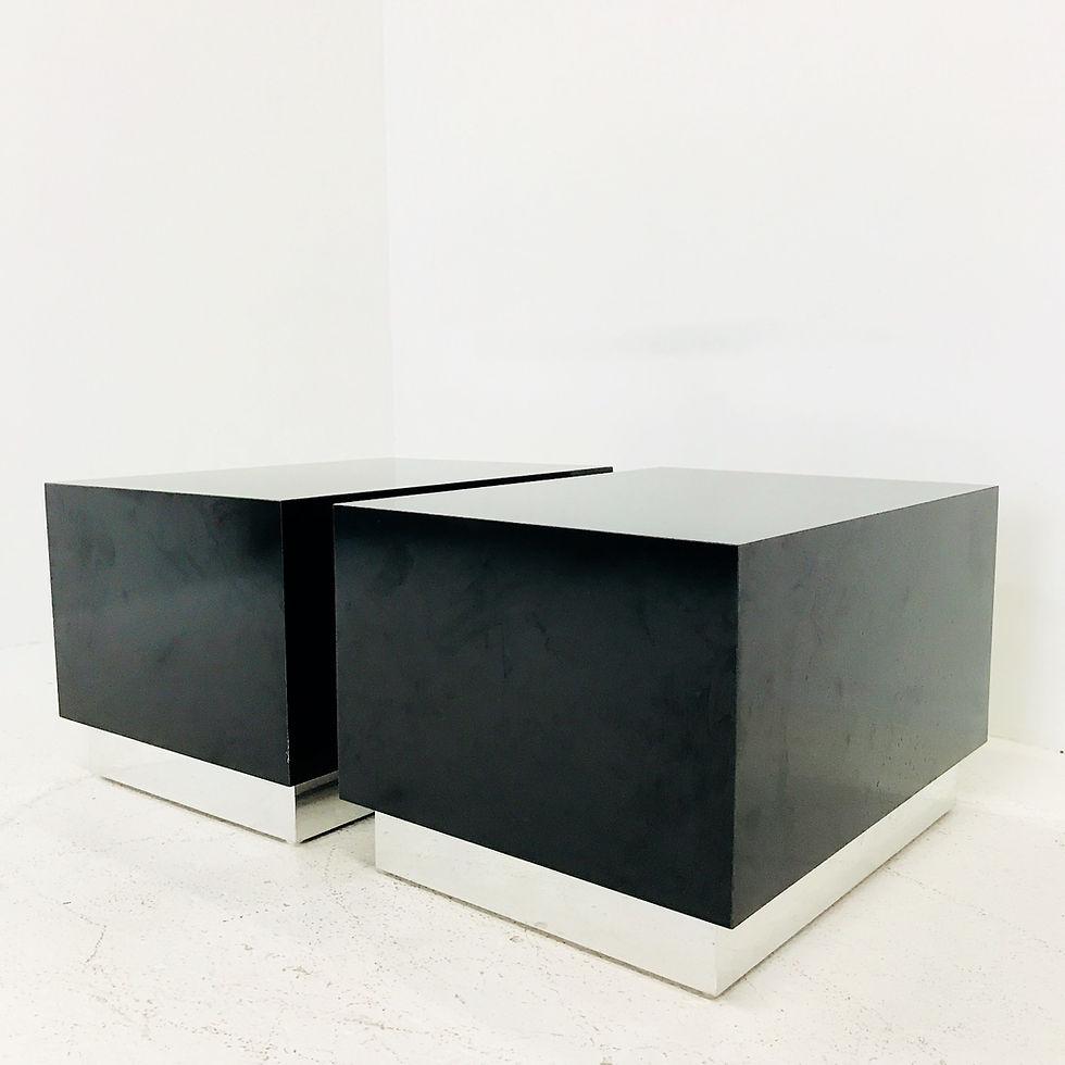 Thumbnail: #3736 Pair of Black Laminate Side Tables with Chrome Plinth Bases
