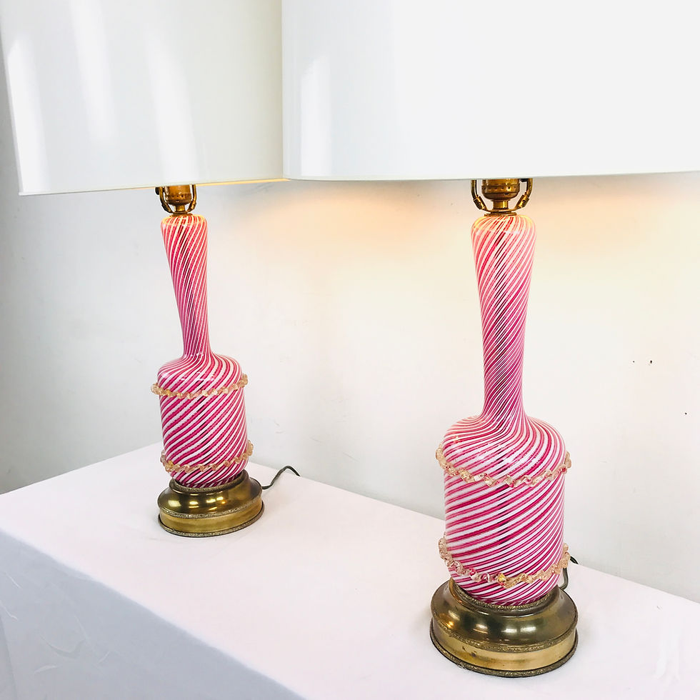 Thumbnail: #4904 Pair Pink Stripe Murano Lamps