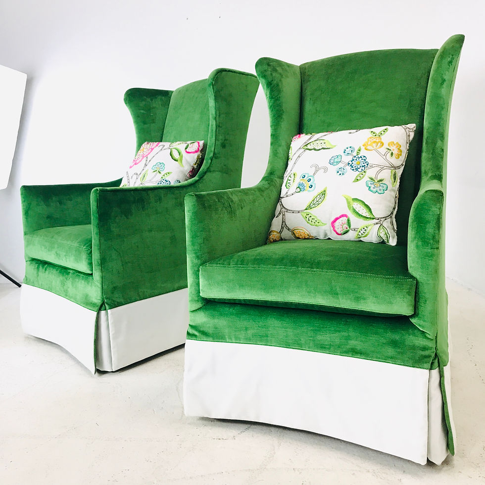 Thumbnail: #4849 Pair Tall Green Velvet Wingback Swivel Chairs