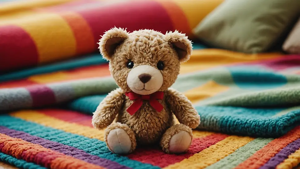 Close-up view of a small stuffed animal on a colorful blanket