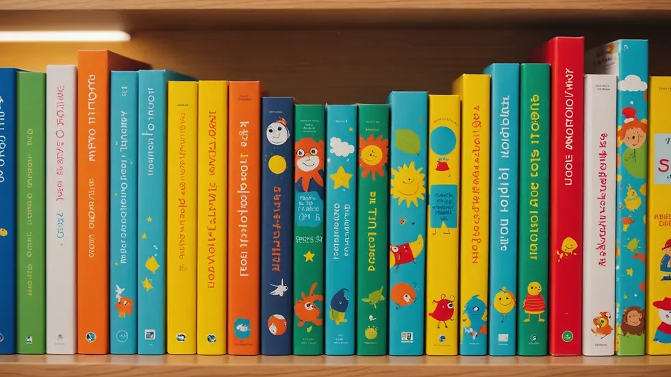 Close-up view of colorful children's books on a shelf