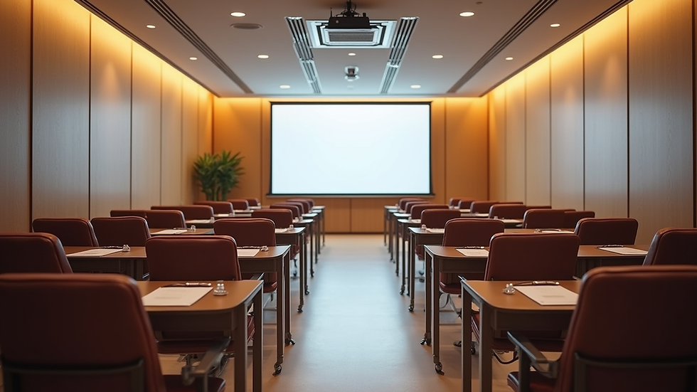 Eye-level view of a conference room set up for a corporate workshop