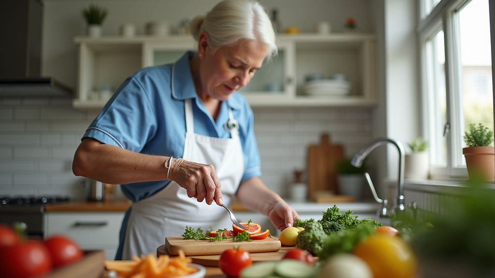 Close-up view of a caregiver preparing a meal in a senior’s kitchen