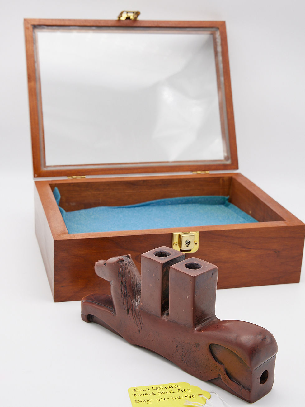 Thumbnail: Spectacular Double Bowl Sioux Catlinite Pipe - Chonduhupah
