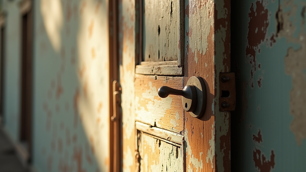 Close-up view of a rustic wooden door with peeling paint and soft sunlight
