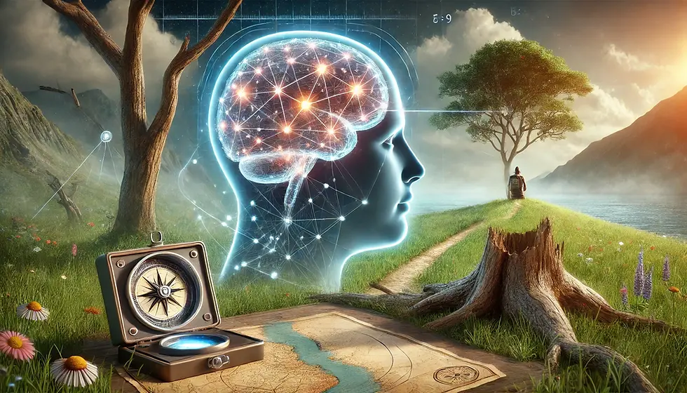 Uma imagem conceitual mostrando um cérebro humano conectado a uma rede brilhante de conexões que se funde com um mapa e elementos de bússola. O fundo exibe uma floresta serena com uma árvore derrubada e um dispositivo de gravação futurista ao lado, simbolizando a relação entre crenças e experiências.