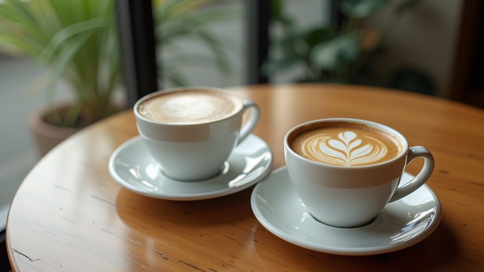 High angle view of two coffee cups on a table symbolizing connection